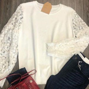 Lace sleeve white sweater